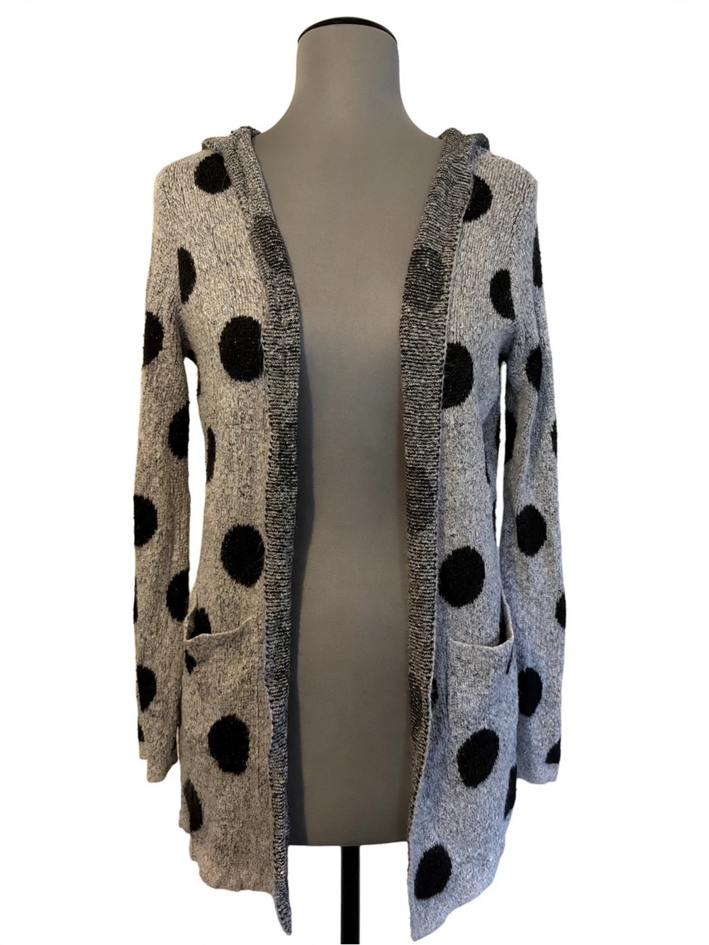 Madison Gray and Black Polka Dot Hooded Open Cardigan